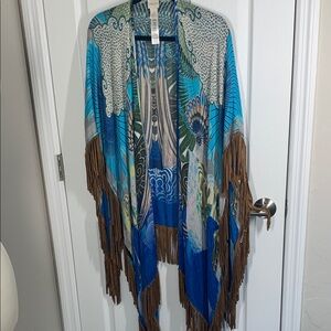 Chicos shawl with faux suede fringe blue, green, and tan